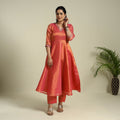 Orange Lace Work Fine Tissue Zari Plain Anarkali Kurta Set for Women