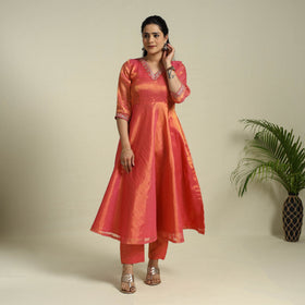 Orange Lace Work Fine Tissue Zari Plain Anarkali Kurta Set for Women