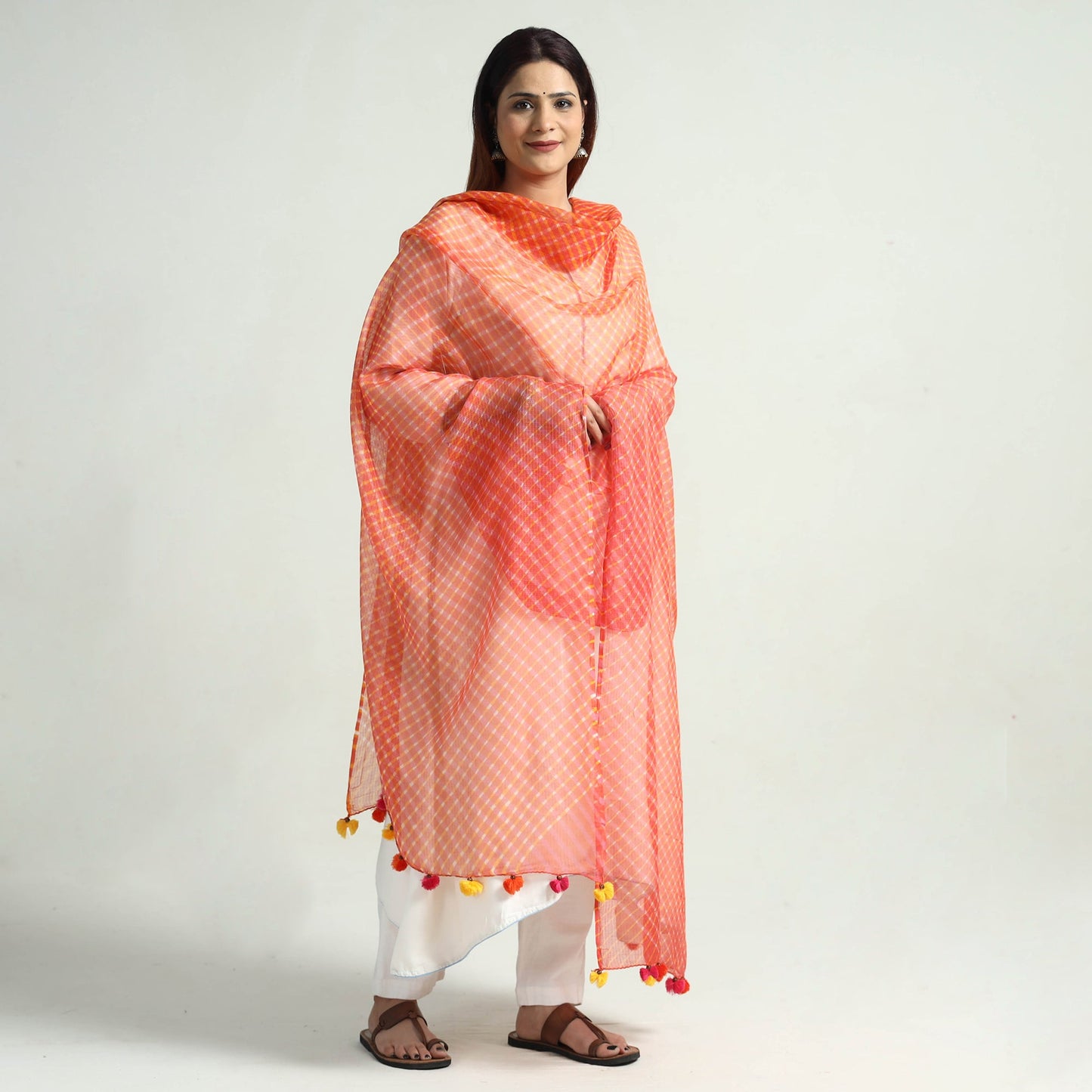 Leheriya Tie-Dye Mothra Kota Doria Cotton Dupatta with Tassels