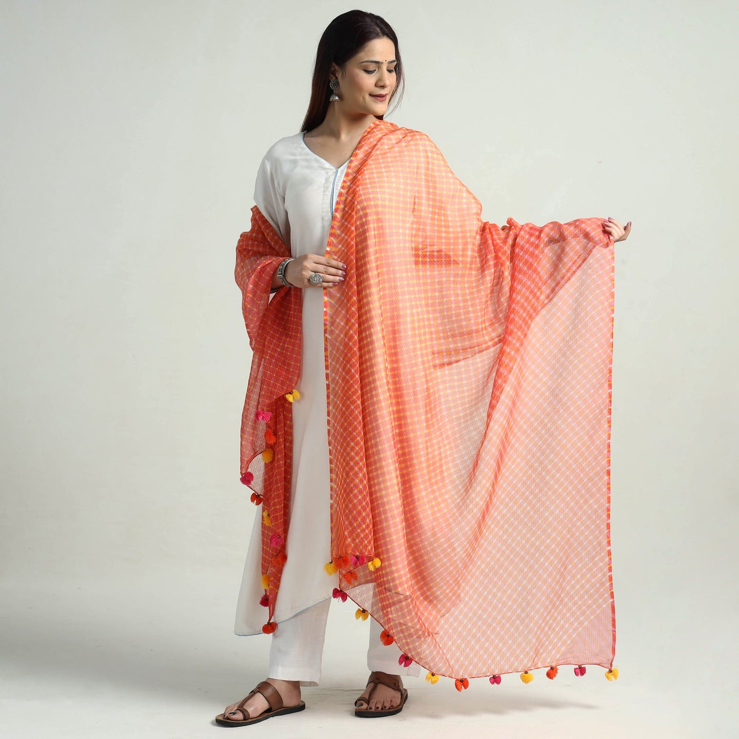 Leheriya Tie-Dye Mothra Kota Doria Cotton Dupatta with Tassels