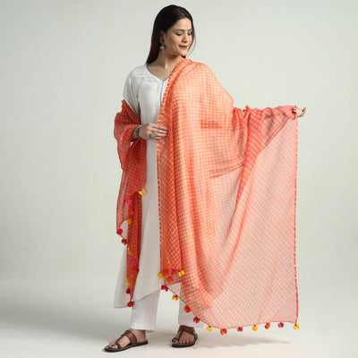 Leheriya Tie-Dye Mothra Kota Doria Cotton Dupatta with Tassels