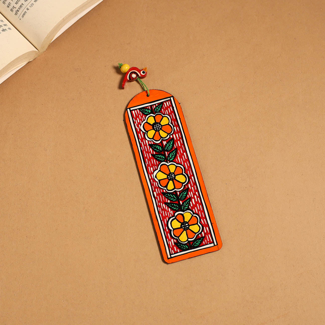 Orange - madhubani handpainted wooden bookmark 06