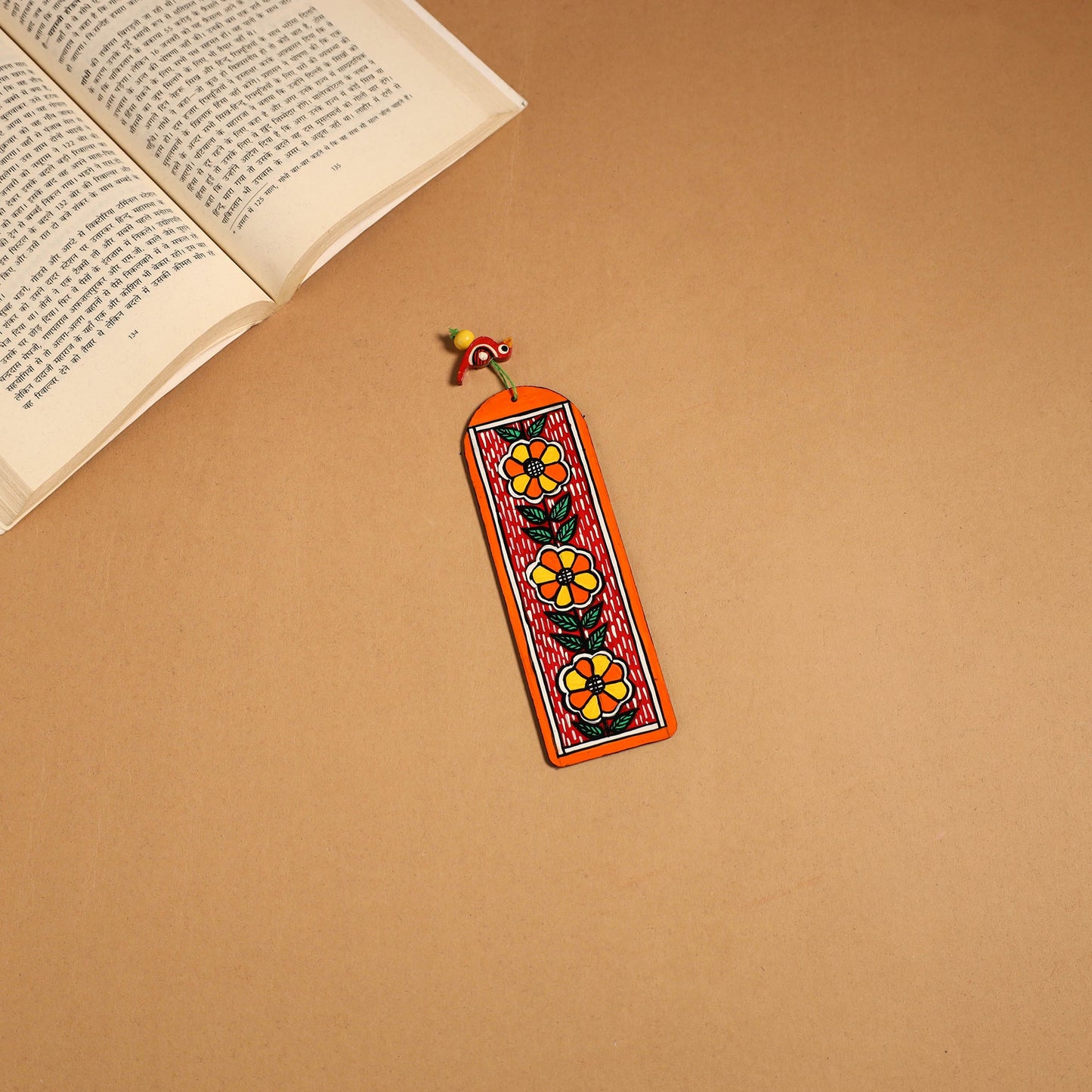 Orange - madhubani handpainted wooden bookmark 06
