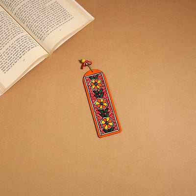 Orange - madhubani handpainted wooden bookmark 06