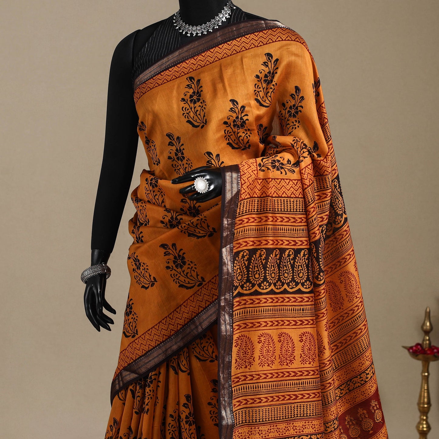 Orange - maheshwari silk natural dyed bagh saree with zari