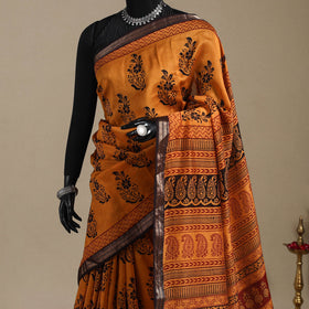 Orange - maheshwari silk natural dyed bagh saree with zari