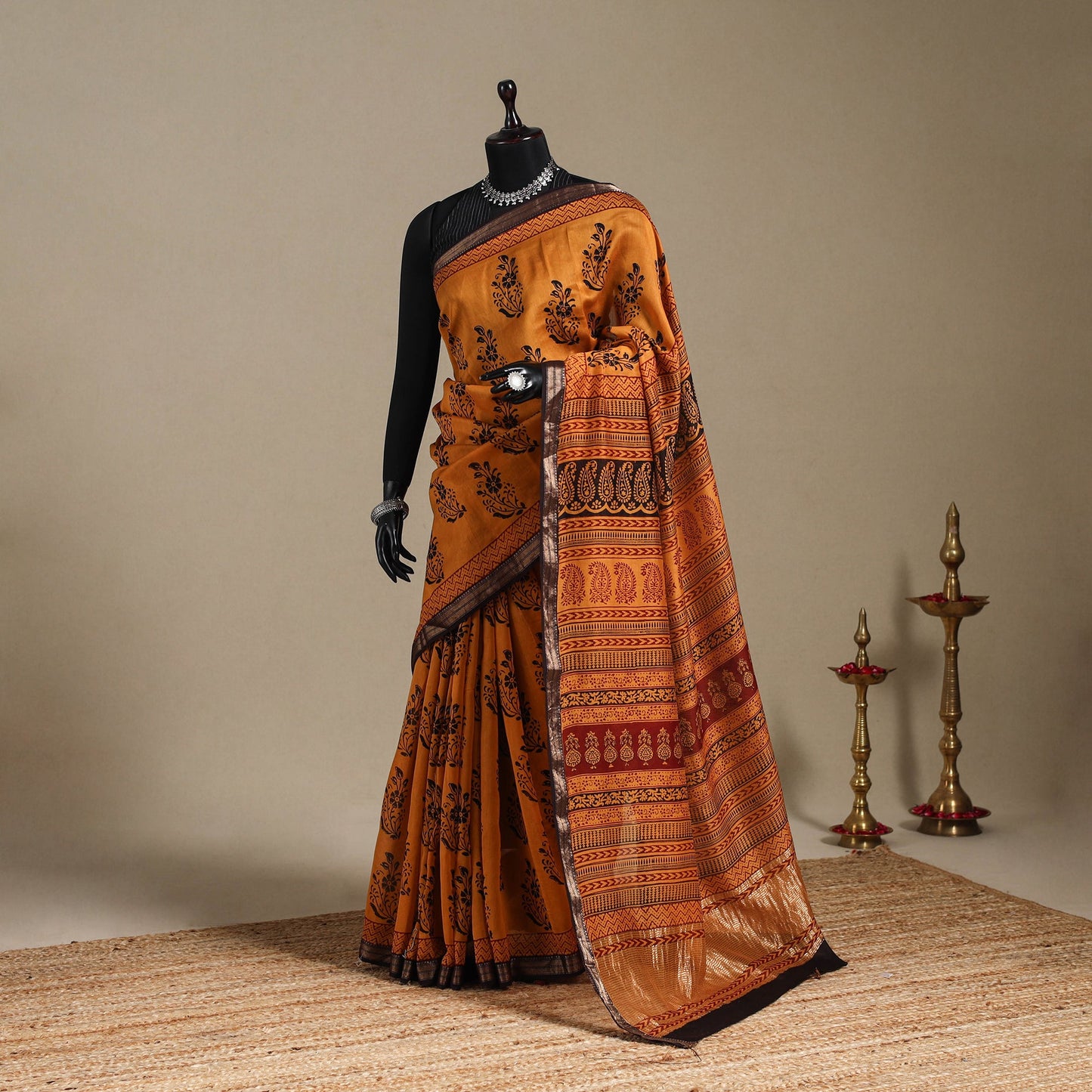 Orange - maheshwari silk natural dyed bagh saree with zari