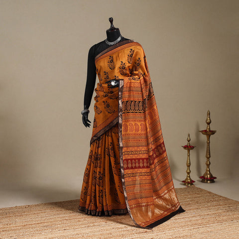 Orange - maheshwari silk natural dyed bagh saree with zari