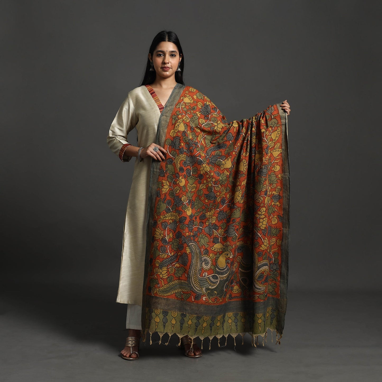 Orange - mangalagiri cotton handpainted pen work kalamkari