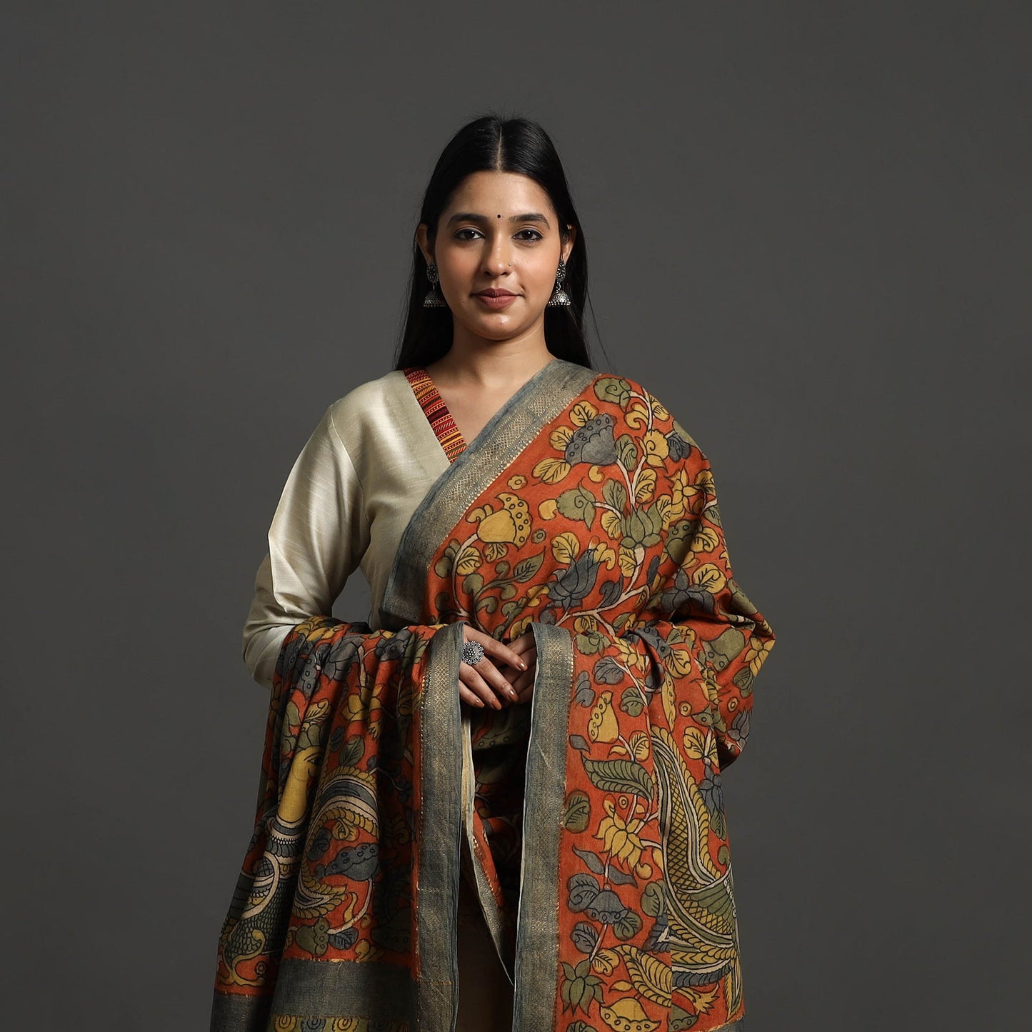 Orange - mangalagiri cotton handpainted pen work kalamkari