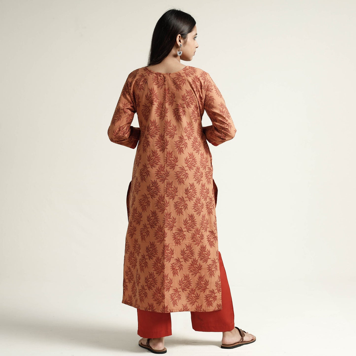 Orange - Mangalagiri Block Printed Cotton Kurta with Palazzo Set