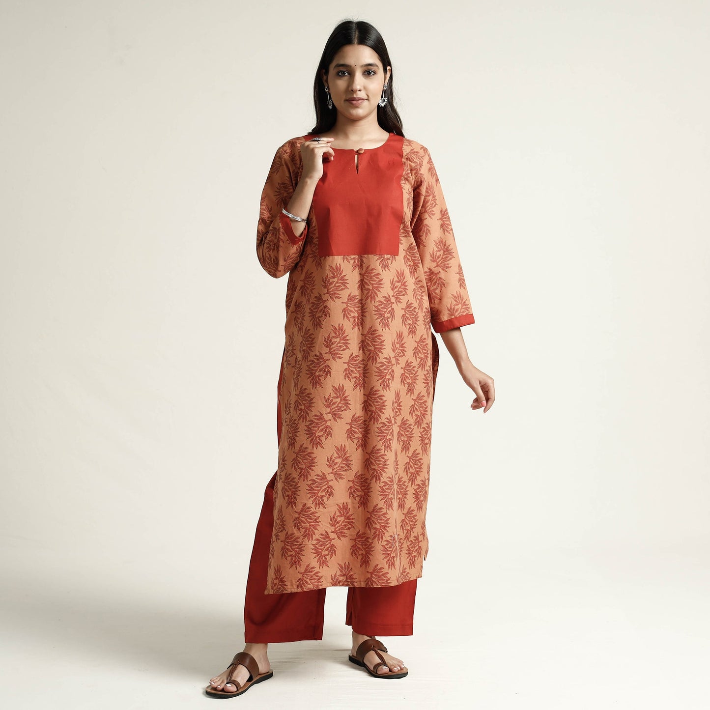 Orange - Mangalagiri Block Printed Cotton Kurta with Palazzo Set