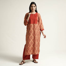 Orange - Mangalagiri Block Printed Cotton Kurta with Palazzo Set