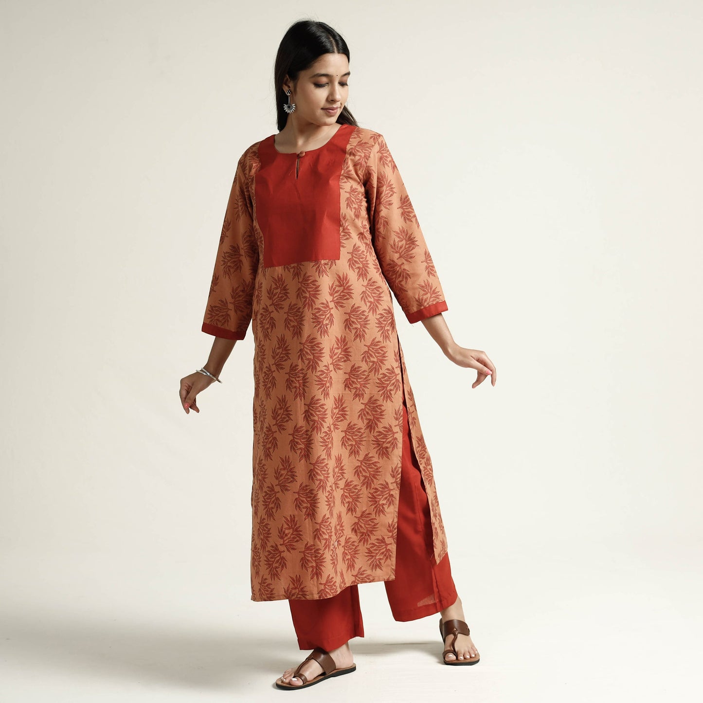 Orange - Mangalagiri Block Printed Cotton Kurta with Palazzo Set
