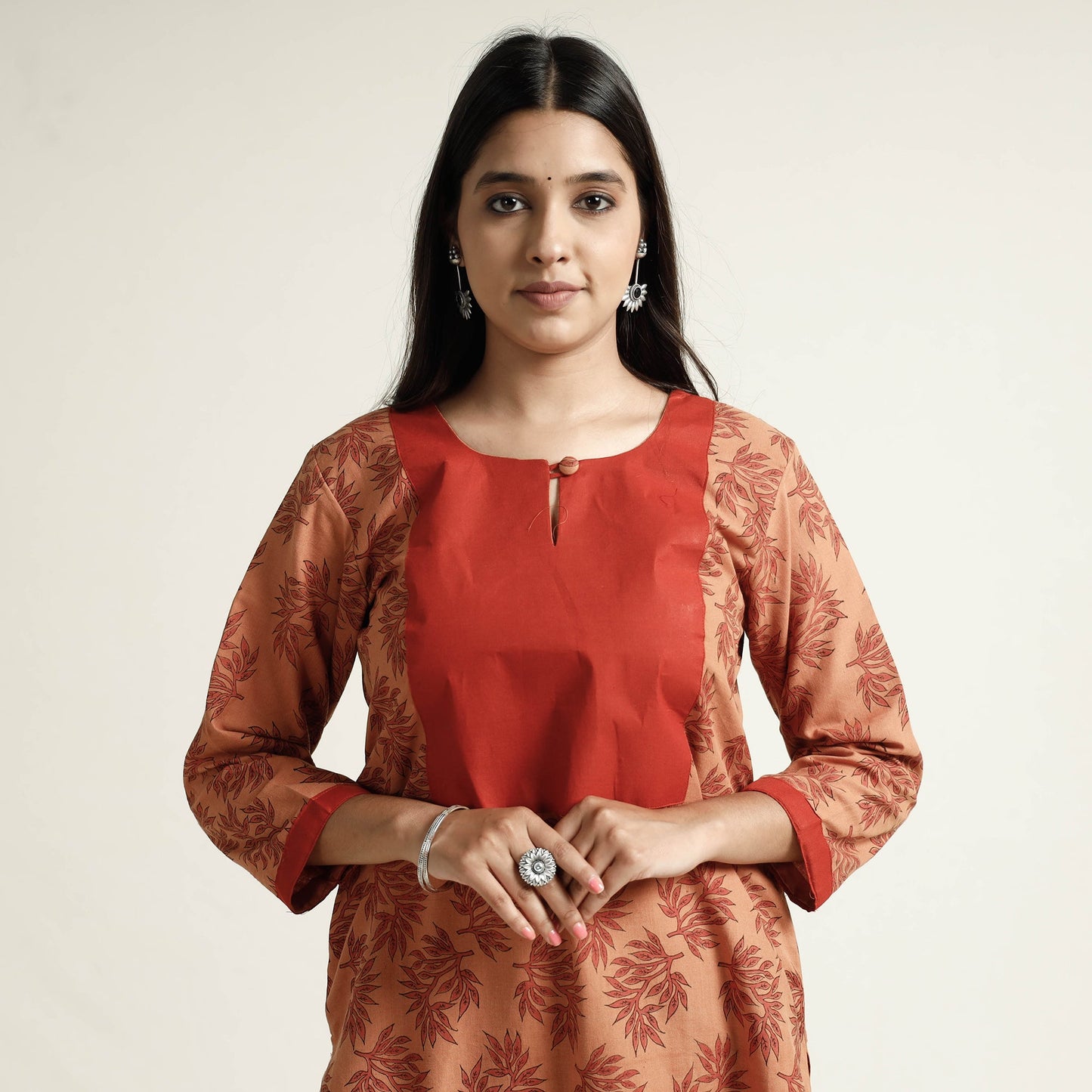 Orange - Mangalagiri Block Printed Cotton Kurta with Palazzo Set