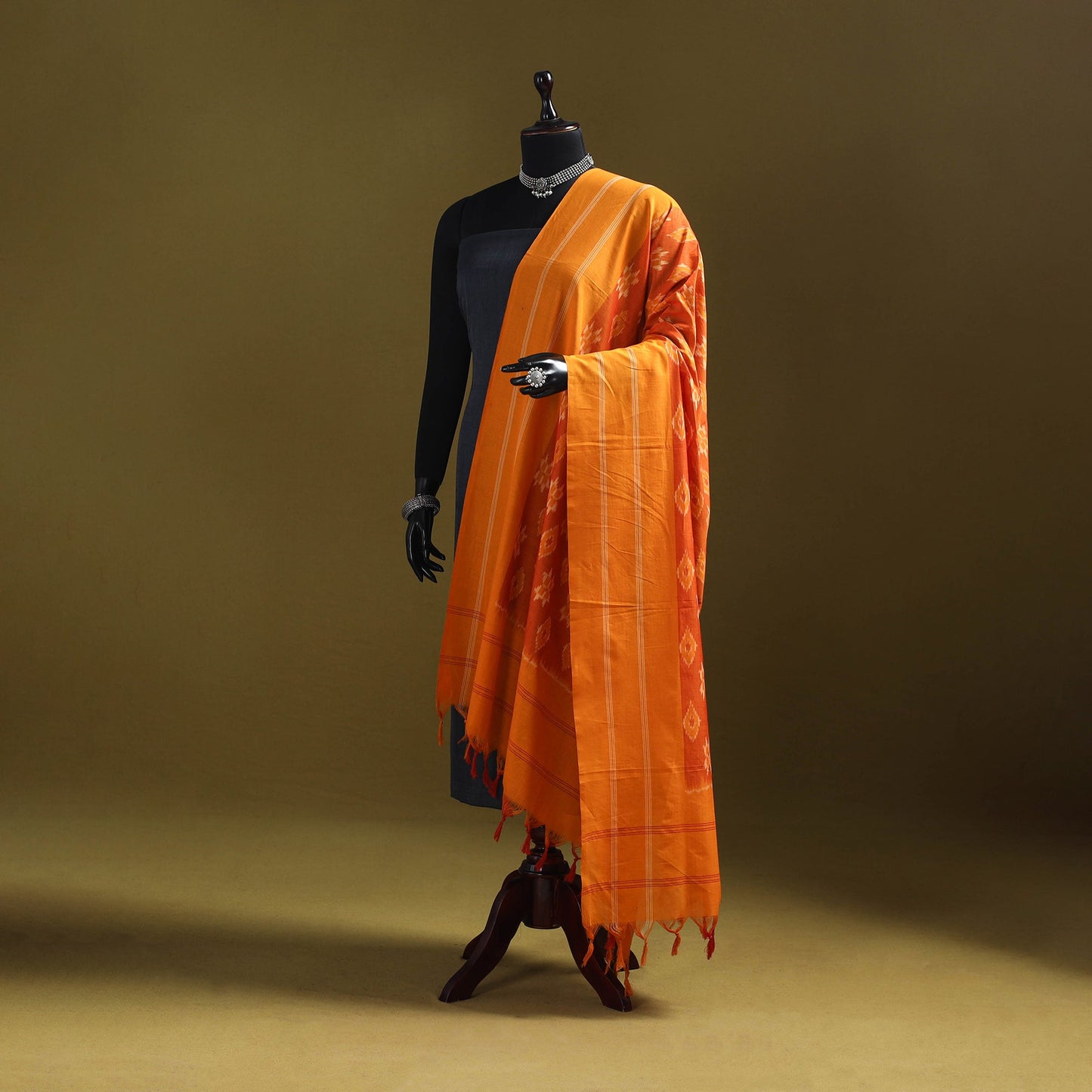 Orange - mercerised cotton pochampally ikat dupatta 08