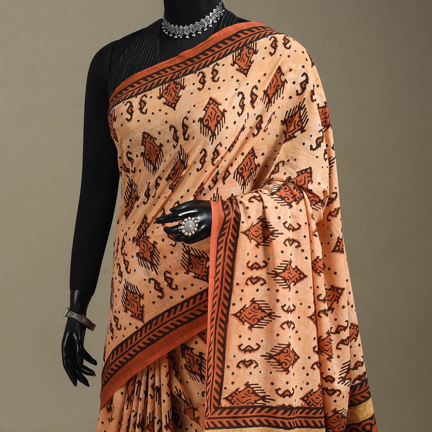 Orange - mul cotton bagru saree 06 - handcrafted