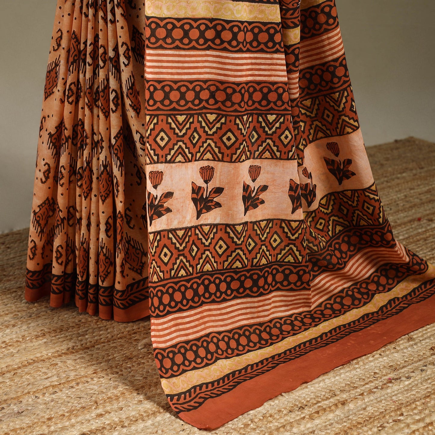 Orange - mul cotton bagru saree 06 - handcrafted