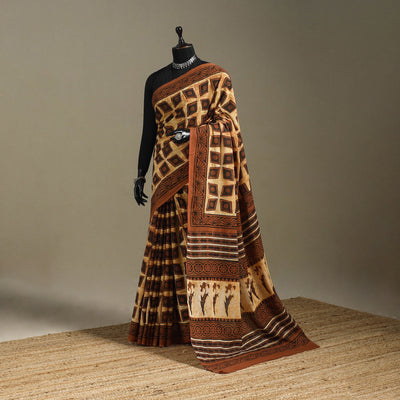 Orange - mul cotton bagru saree 08 - handcrafted