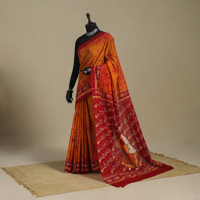 Orange - mul cotton figure work hand batik saree 01