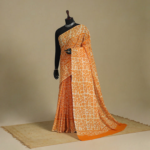 Orange - mul cotton hand batik saree 31 - handcrafted