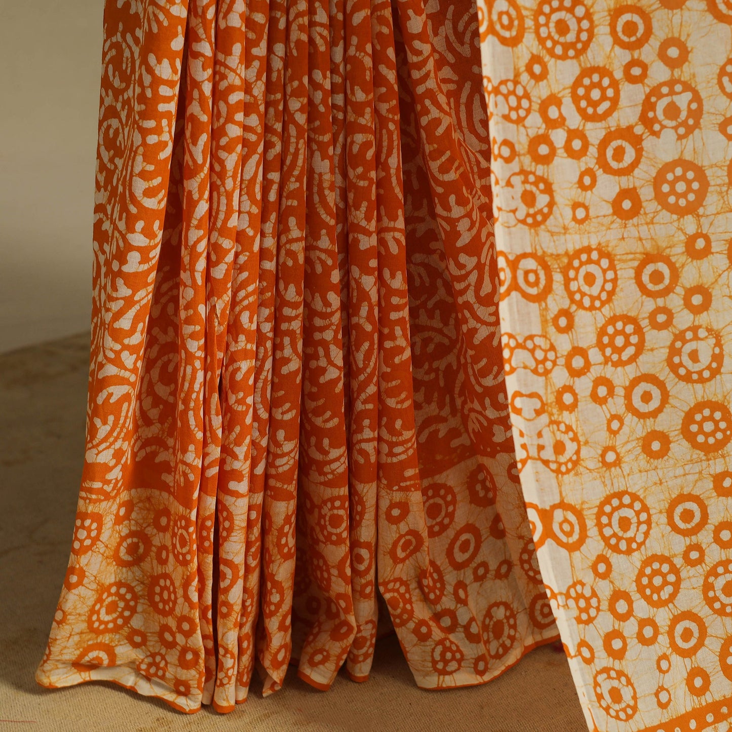 Orange - mul cotton hand batik saree 31 - handcrafted