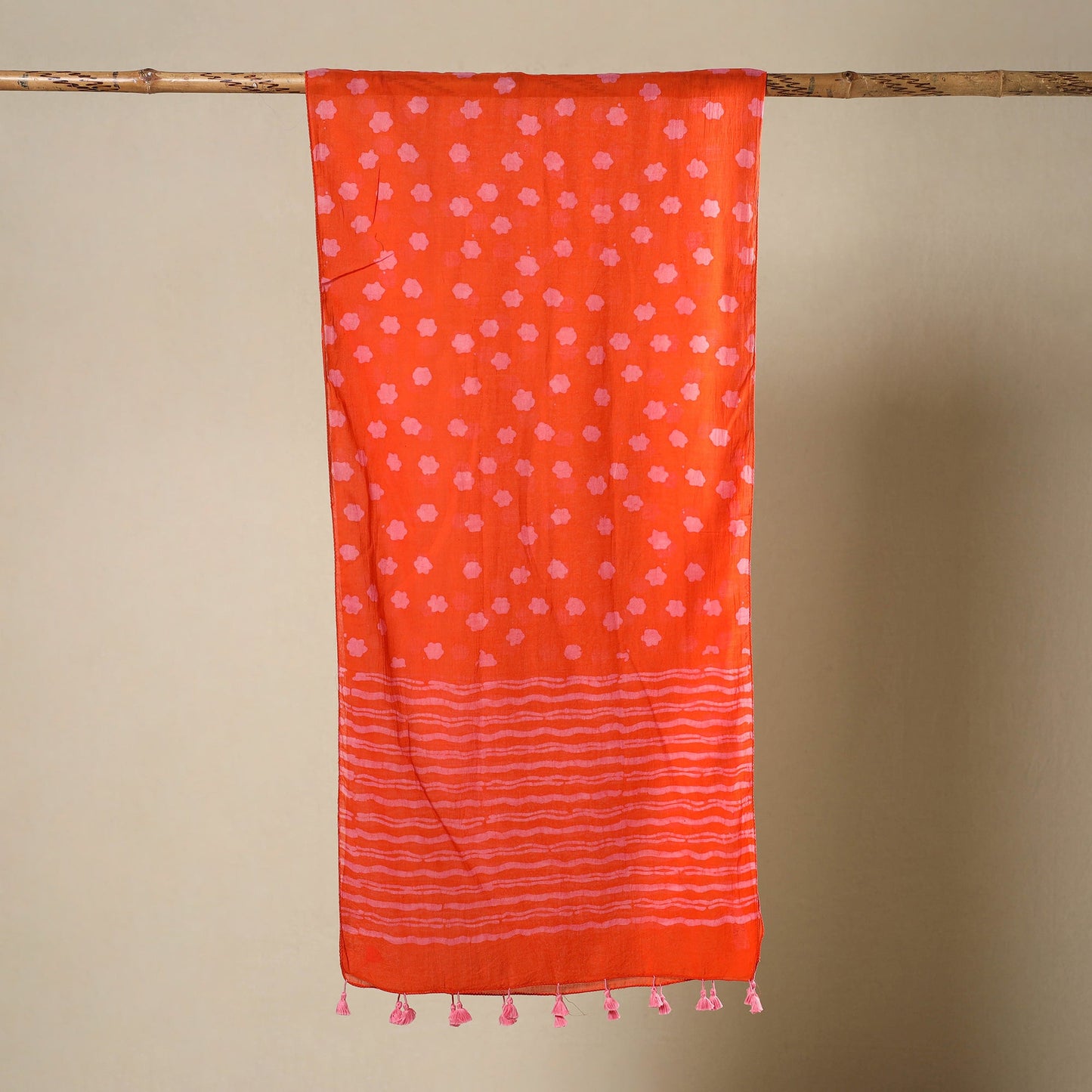 Buy Red Mul Cotton Hand Batik Print Stole with Tassels