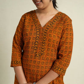 Buy Orange Block Print Mul Cotton Straight Bagh Kurta for Women