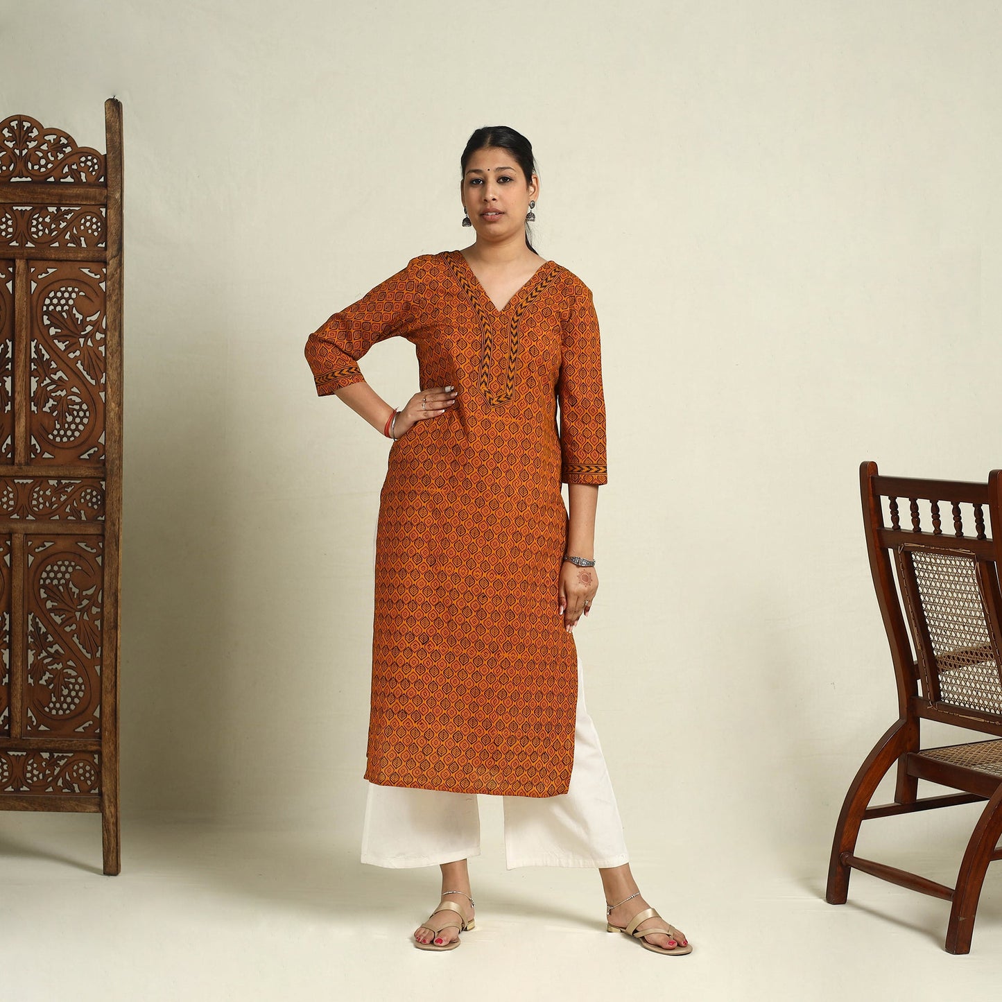 Buy Orange Block Print Mul Cotton Straight Bagh Kurta for Women
