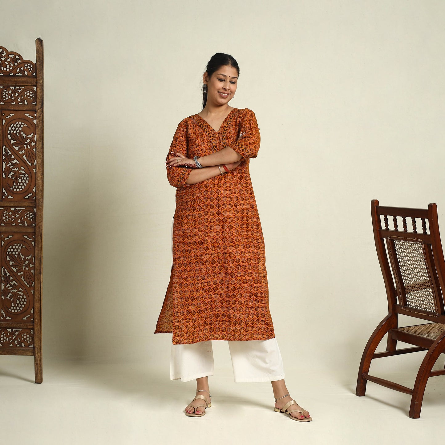 Buy Orange Block Print Mul Cotton Straight Bagh Kurta for Women
