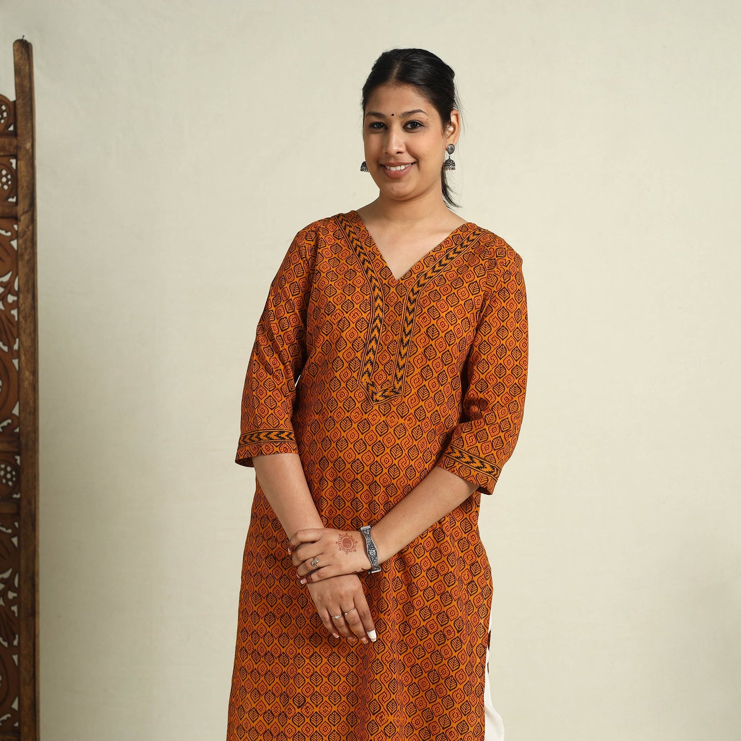 Buy Orange Block Print Mul Cotton Straight Bagh Kurta for Women