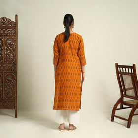  Orange Block Print Mul Cotton Straight Bagh Kurta for Women