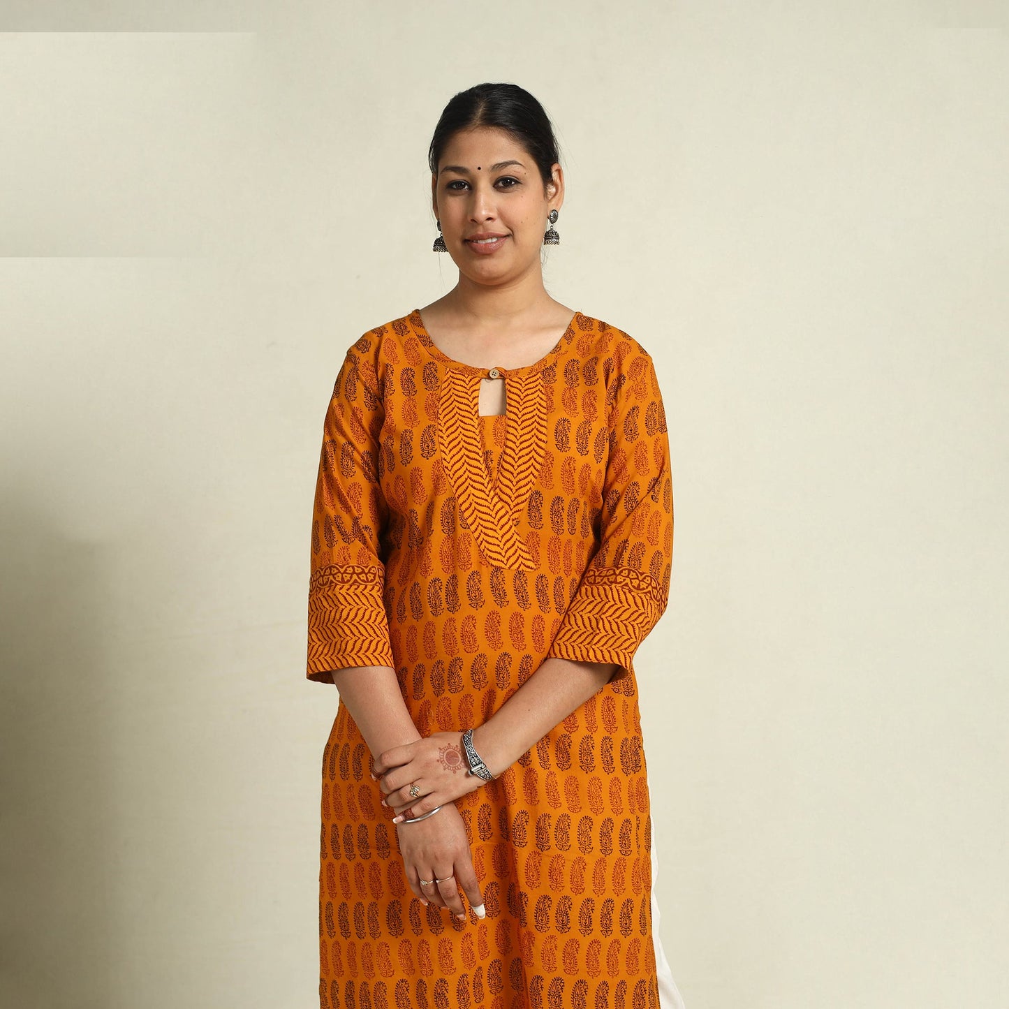  Orange Block Print Mul Cotton Straight Bagh Kurta for Women