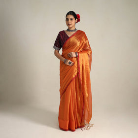 Mul Tissue Zari Orange Bengal Saree with Embroidered Blouse 