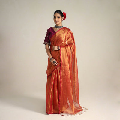 Mul Tissue Zari Orange Bengal Saree with Embroidered Blouse 