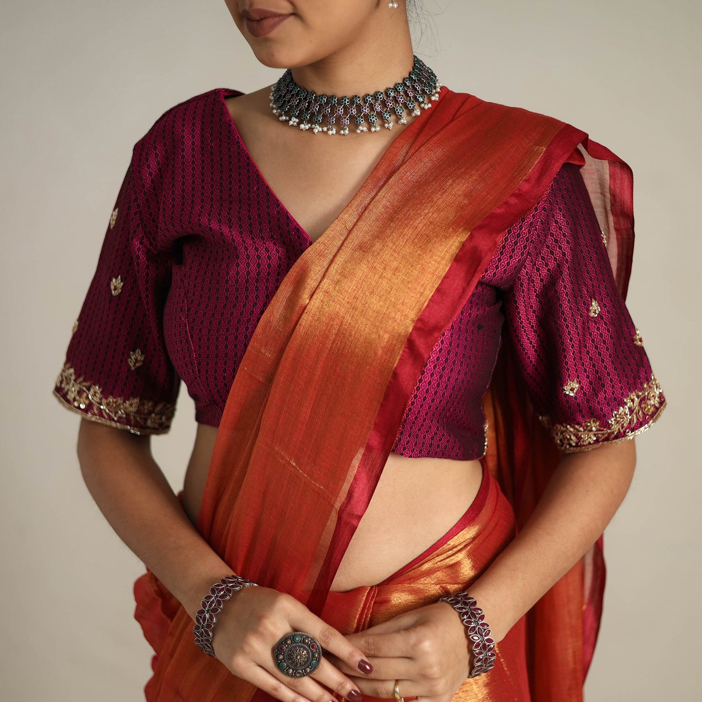 Mul Tissue Zari Orange Bengal Saree with Embroidered Blouse 