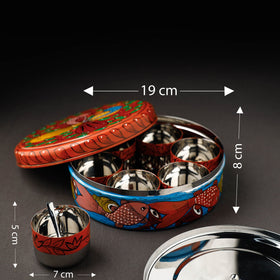 Bengal Patua Orange Handpainted Stainless Steel Masala Box