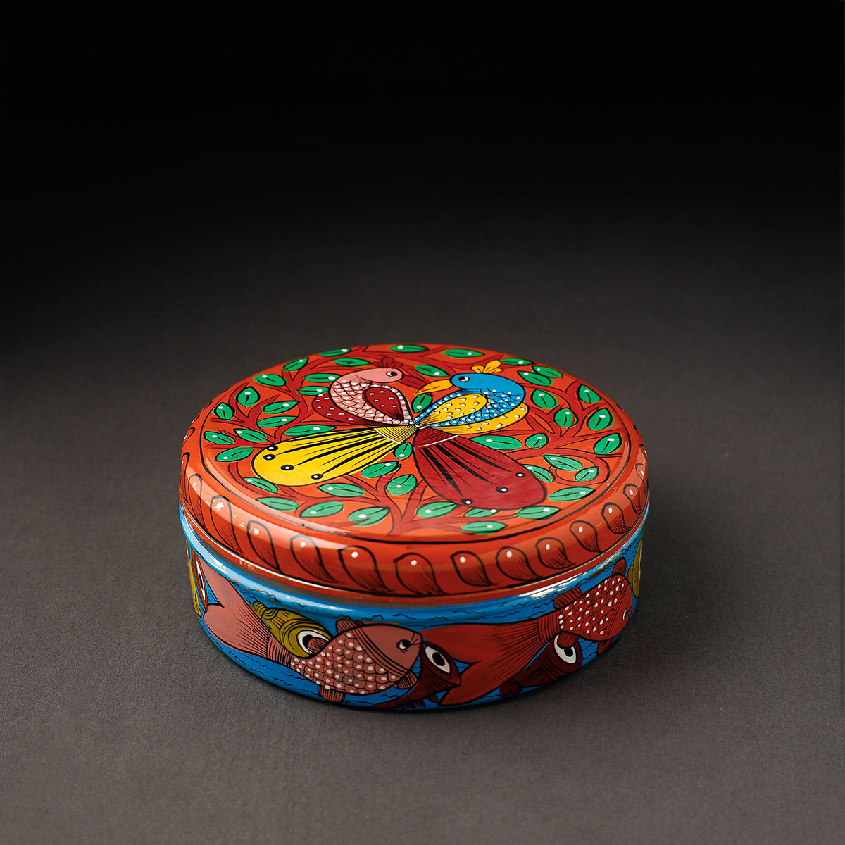 Bengal Patua Orange Handpainted Stainless Steel Masala Box