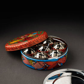 Bengal Patua Orange Handpainted Stainless Steel Masala Box
