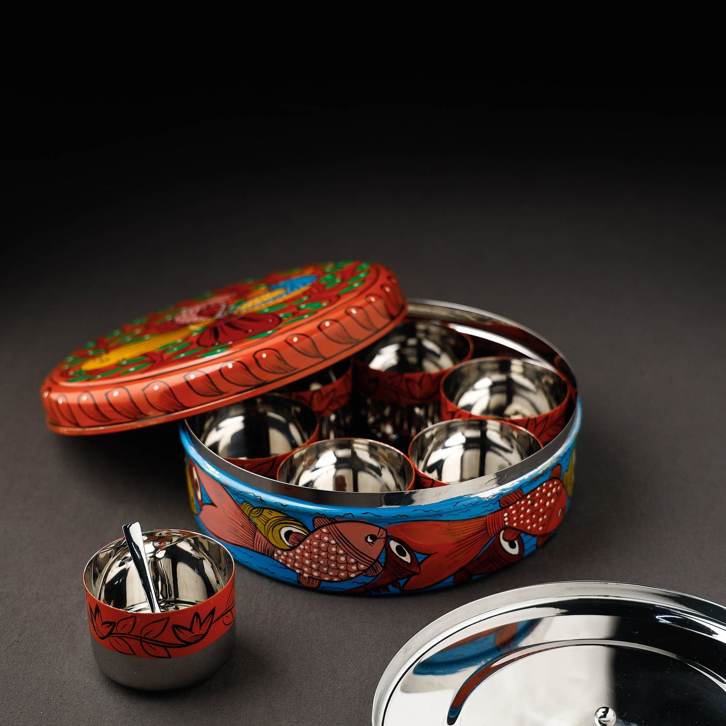 Bengal Patua Orange Handpainted Stainless Steel Masala Box