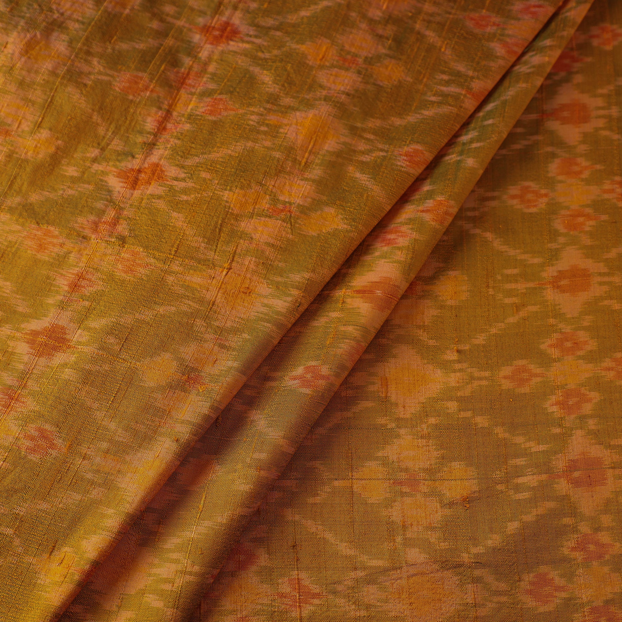 Orange - Multicolor - Handloom Raw Silk Pochampally Ika Fabric 10