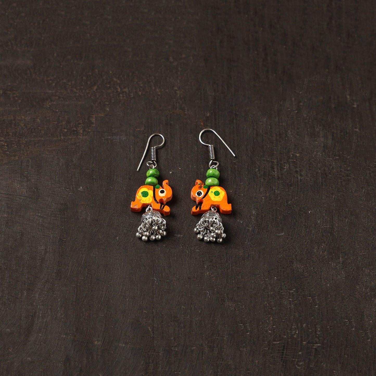 Orange - naaz german silver jhumki earrings with wooden