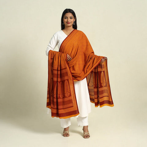  Orange Natural Dye Mul Cotton Bagh Print Dupatta
