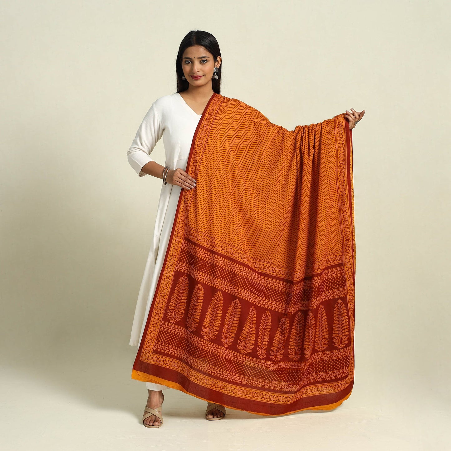  Orange Natural Dye Mul Cotton Bagh Print Dupatta