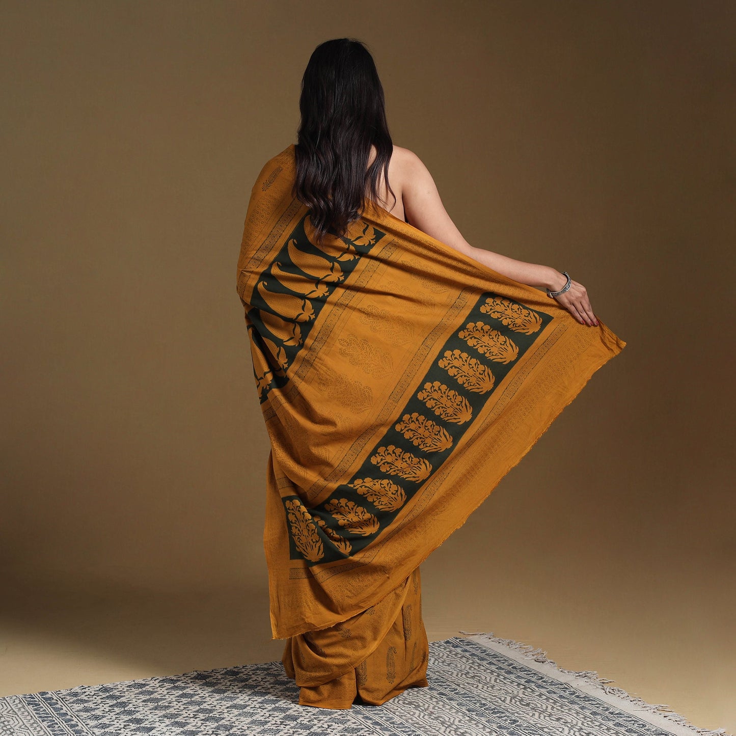 Orange Block Print Natural Dyed Cotton Bagh Saree