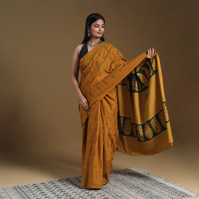Orange Block Print Natural Dyed Cotton Bagh Saree