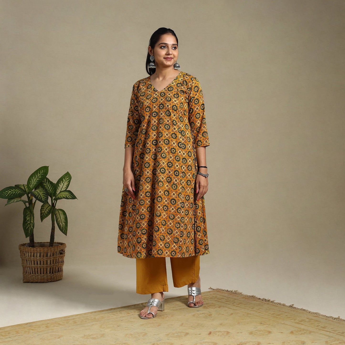 Orange Block Print Natural Dyed Cotton A-Line Ajrakh Kurta