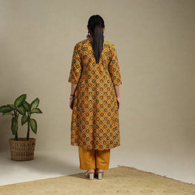 Orange Block Print Natural Dyed Cotton A-Line Ajrakh Kurta