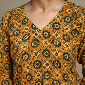 Orange Block Print Natural Dyed Cotton A-Line Ajrakh Kurta