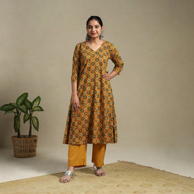Orange Block Print Natural Dyed Cotton A-Line Ajrakh Kurta